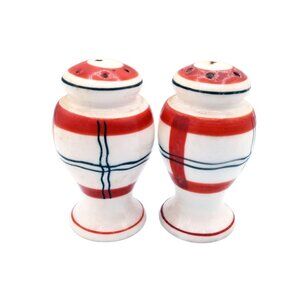 Salt Pepper Shaker Set Plaid Red White Black Japan Vintage 2.75 Inches Crazed